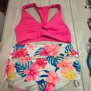 Pink Twist Front Swim Top with Tropical Floral Skirted Bottoms